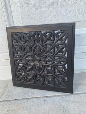 Carved Black Lotus Wall Decor Boho Global Chic Square Wood Hanging Panel India